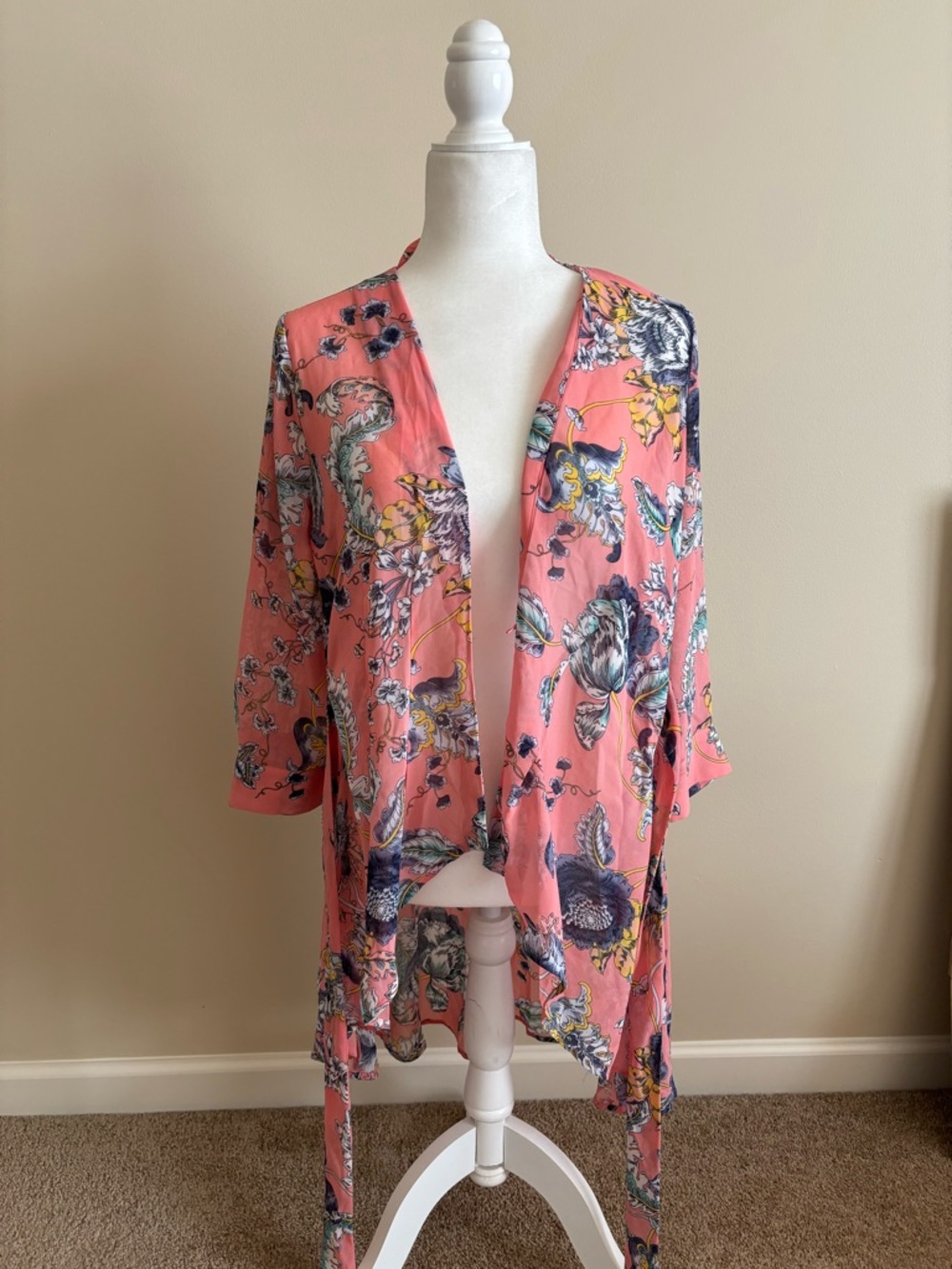 New York & Company Coral Floral Open-Front Kimono